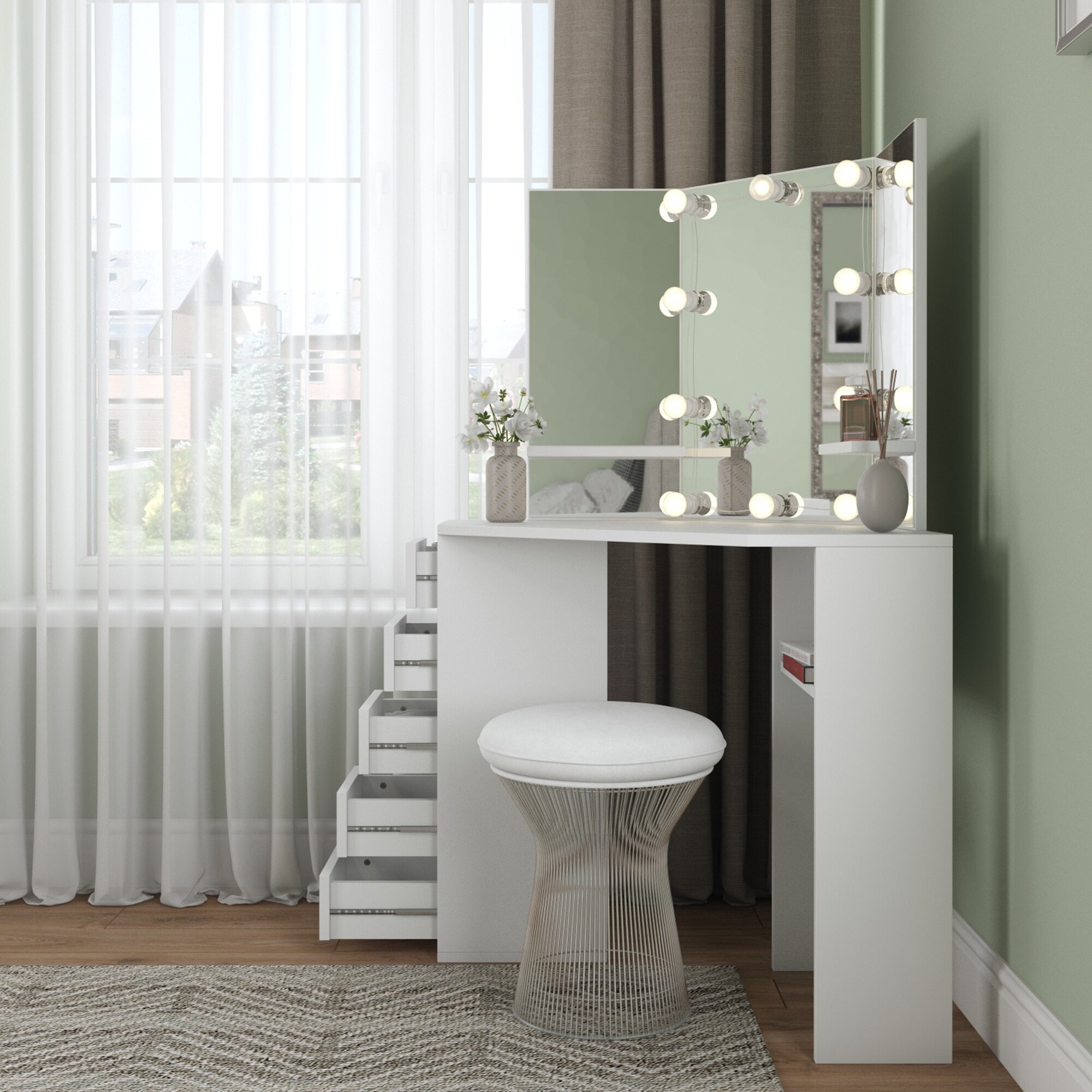 Roomsmart Corner Makeup Vanity Desk with 5 Drawers On Sale Bed