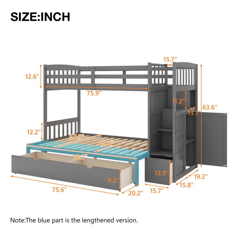 Twin Over Full/Twin Wood Bunk Bed with Convertible Bottom, Drawers, and Guardrails