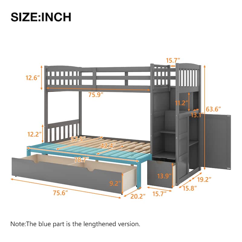 Twin over Full Bunk Bed with Storage Shelves and Bed Storage Drawers, Wooden Convertible Bed Frame, No Spring Box Needed
