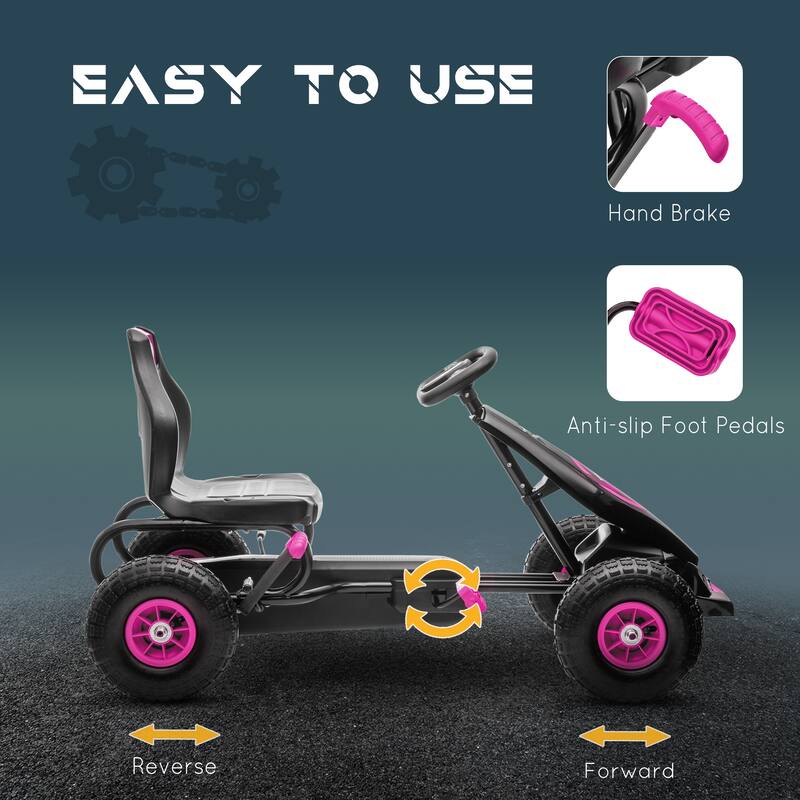 Kids Pedal Go-Kart with Ergonomic Seat and Suspension, Ages 5-12, Rubber Wheels, Safety Handbrake