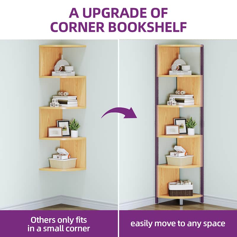 Herrell 5-Tier Corner Bookshelf 68" Tall Modern Free Standing Zigzag Corner Bookcase