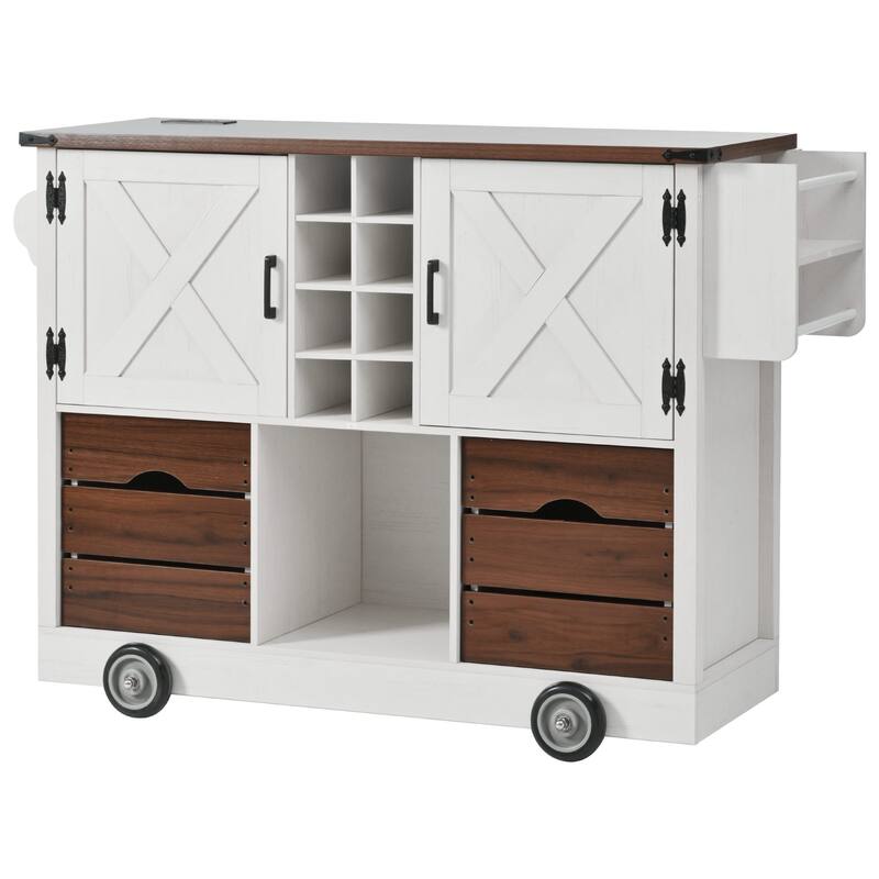 54" Rolling Kitchen Island with Drop Leaf and Power Outlet and 2 Drawers