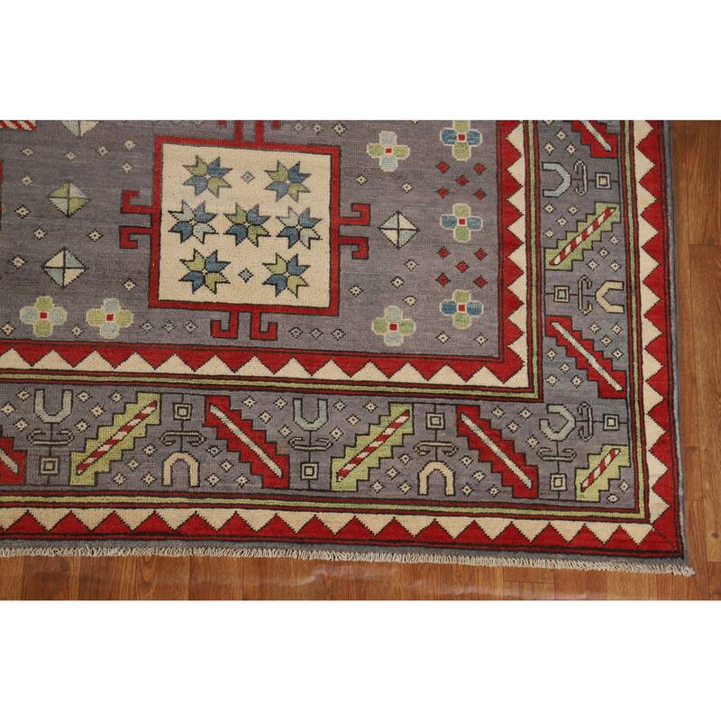 Hand Knotted Oriental 100% Wool Carpet Traditional Geometric Greys & Charcoal Kazak Area Rug - 10' 4'' X 8' 2''