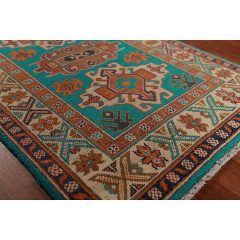 Turquoise Green Kazak Foyer Rug Hand-Knotted Geometric Wool Carpet - 2'7"x 4'0"