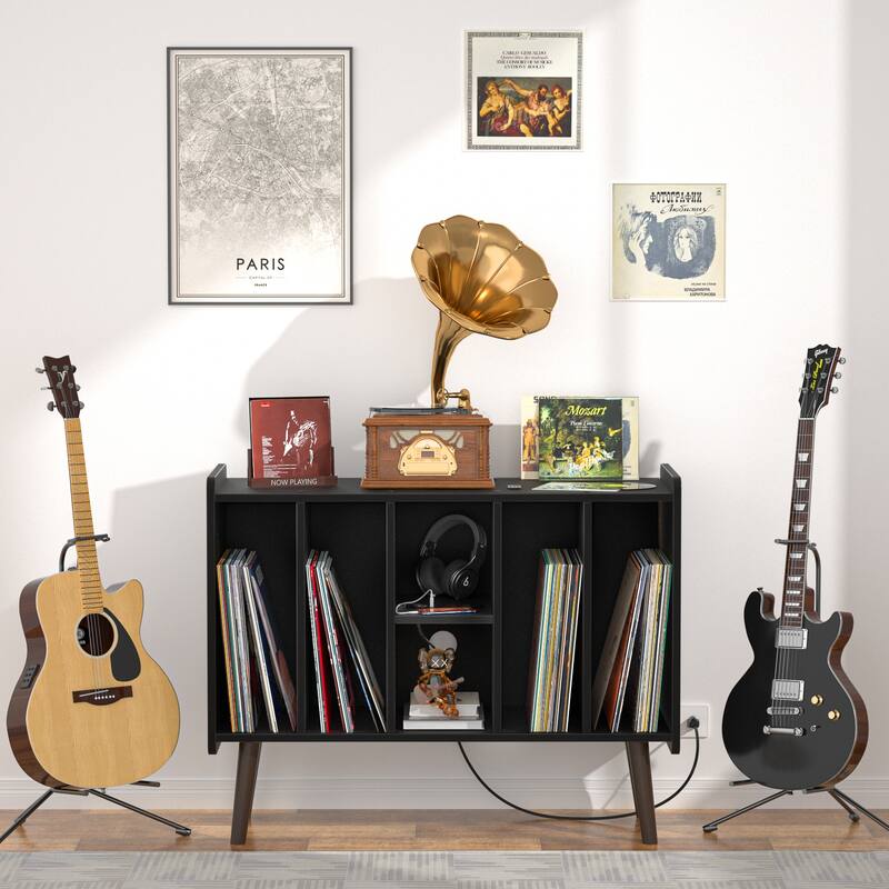 Retro Vinyl Stand with Charging Hub, Record Player Stand with Power Outlet and USB Ports