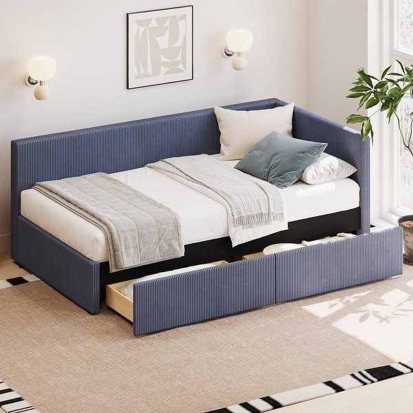 slide 2 of 7, Twin Size Upholstered Daybed with Vertical Striped Design, L Shape Corner Bed with 2 Storage Drawers Blue - Twin