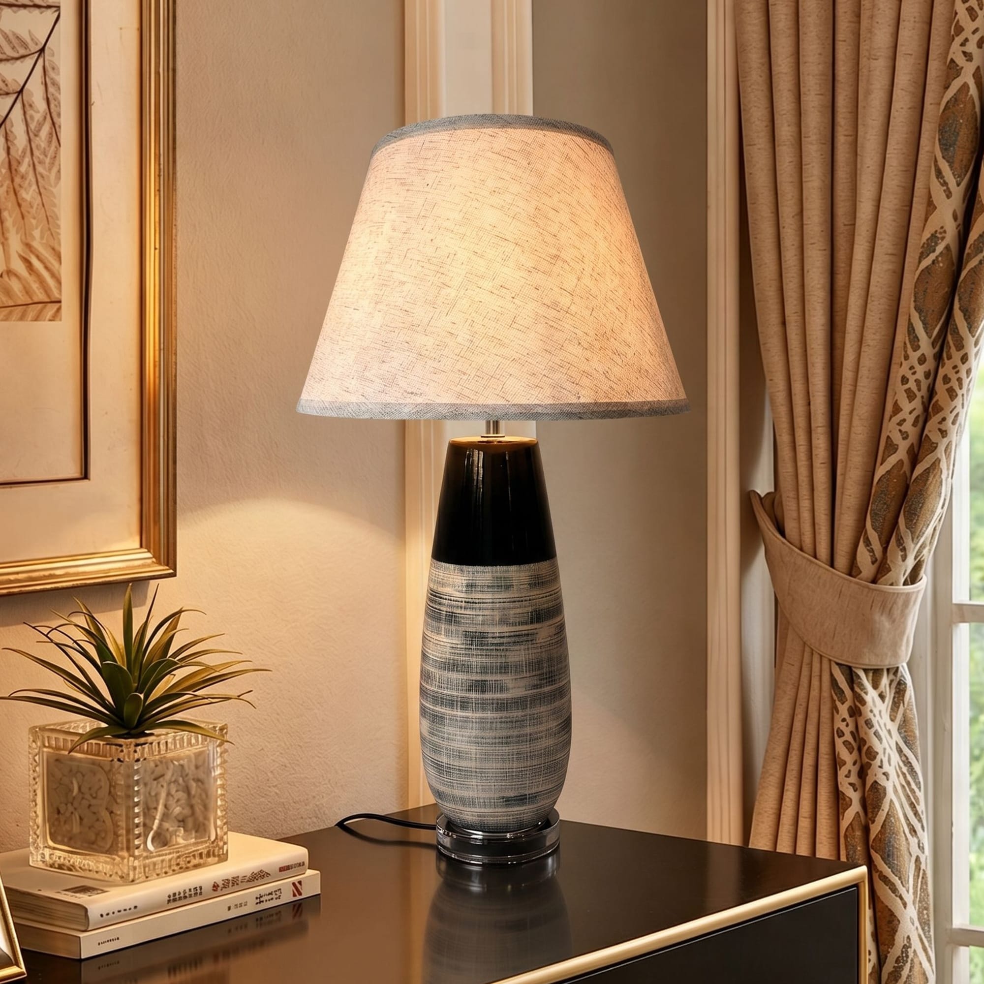 Modern Striped Ceramic Table Lamp 26.38", Farmhouse Bedside Nightstand Lamp with Linen Shade, E26 Base Decor Lamp for Home Decor