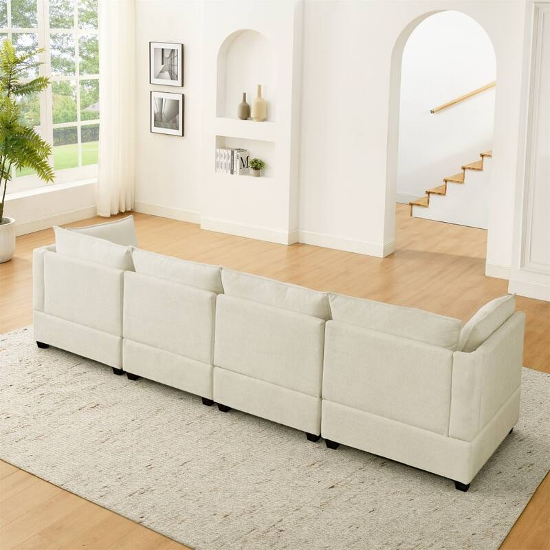 140" Comfy Wooden Sectional Sofa with Ottomans & Throw Pillows