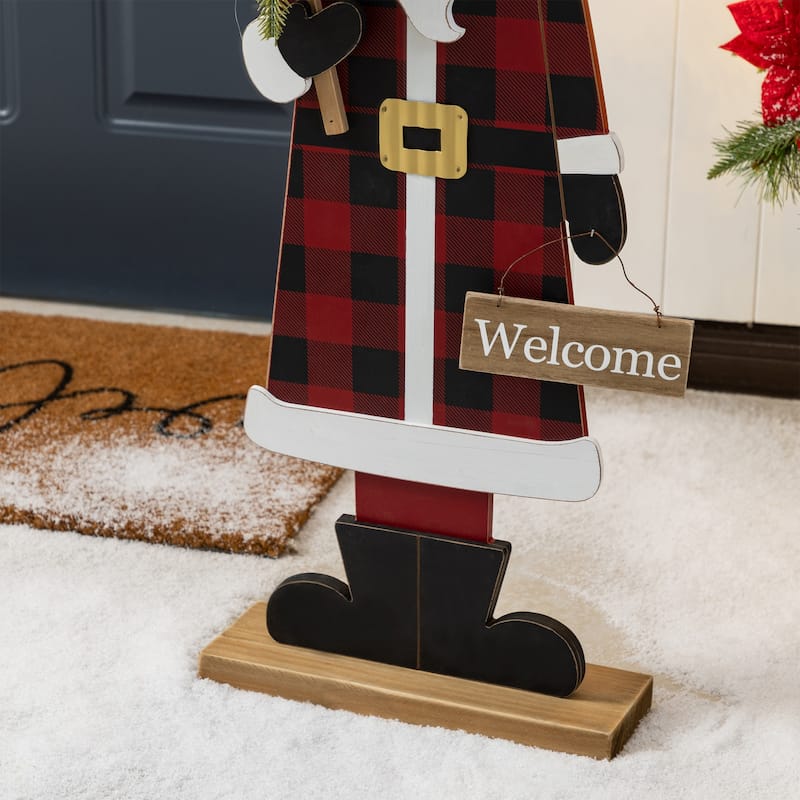 Glitzhome 35.75"H Lighted Wooden Africa Santa Porch Decor with Timer - Multi