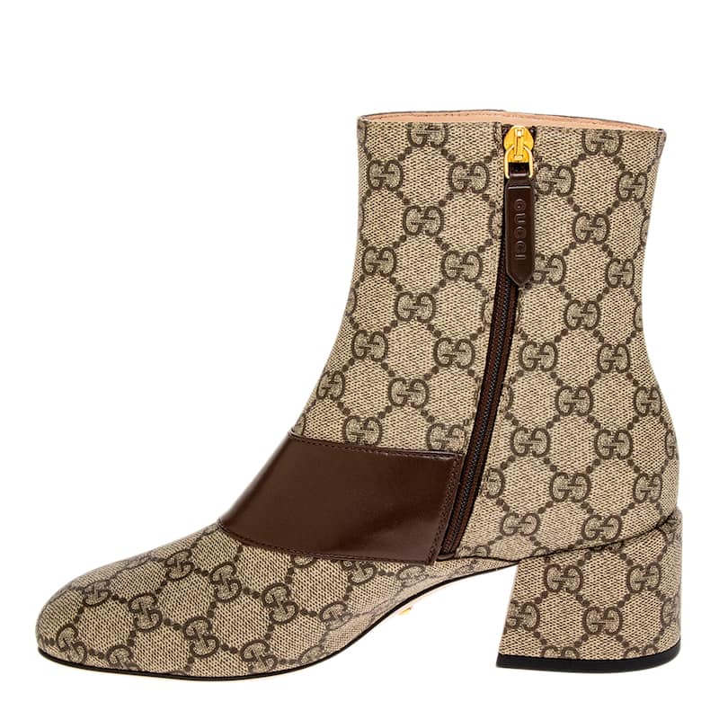 Gucci Blondie GG Supreme Ankle Boot - Brown Leather and Beige Canvas