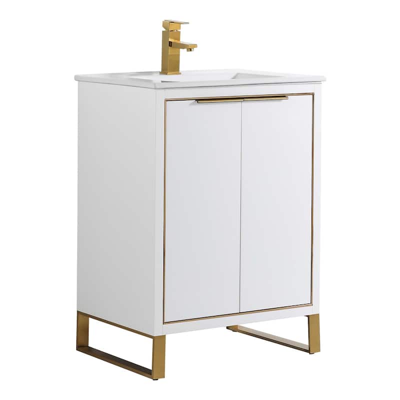 Fine Fixtures Opulence Collection Bathroom Vanity with White Ceramic Sink - 24 Inch - White Matte - Satin Brass Hardware