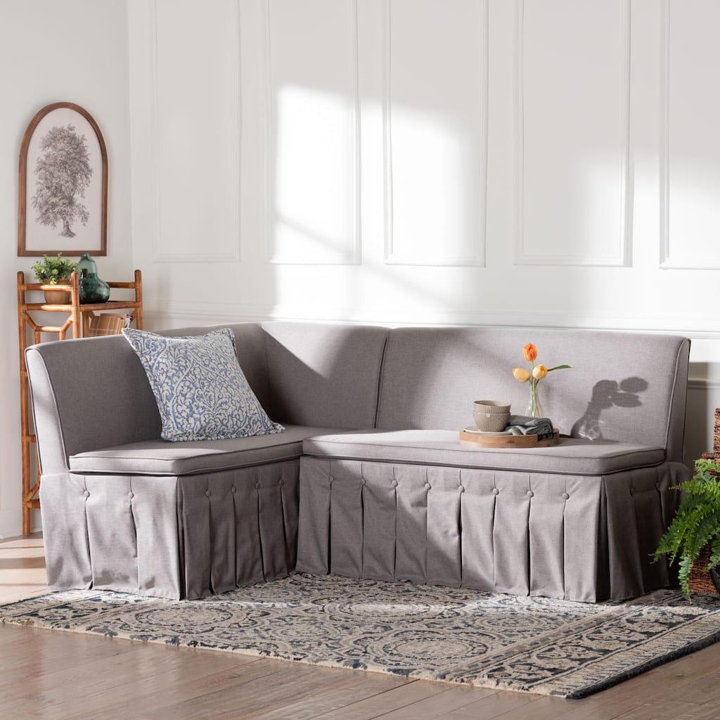 Meyer 2-Piece Fabric Upholstered Dining Nook Bench Set - Corner Kitchen Banquette Seating with Skirted Base, L-Shaped Nook