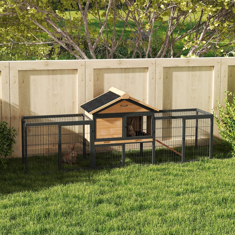 PawHut Rabbit Hutch Outdoor, 85" Large Wooden Bunny Cage with Steel Run, Removable No Leakage Tray - N/A