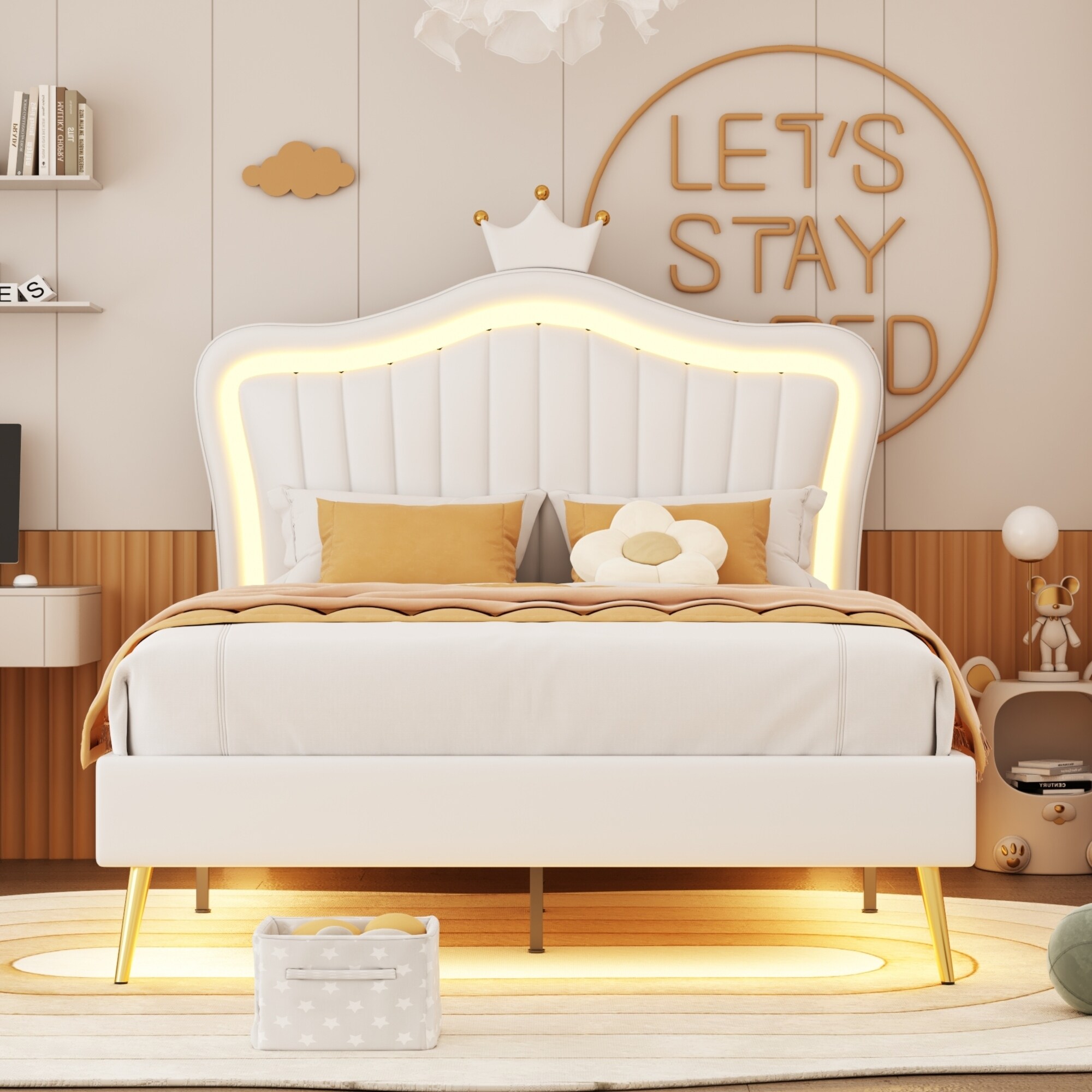 Modern Upholstered Princess Bed Frame with Crown Headboard and LED Lights Princess Bed for Girls Child Twin Full Queen Size On Sale Bed Bath Beyond 40915861