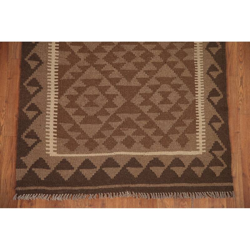 Geometric Kilim Oriental Runner Rug Flat-weave Brown Wool Carpet - 3'5" x 6'7"