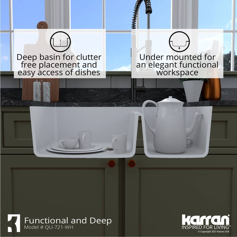 Karran Undermount Quartz 33 in. Double Bowl 60/40 Kitchen Sink with Bottom Grids and Strainers