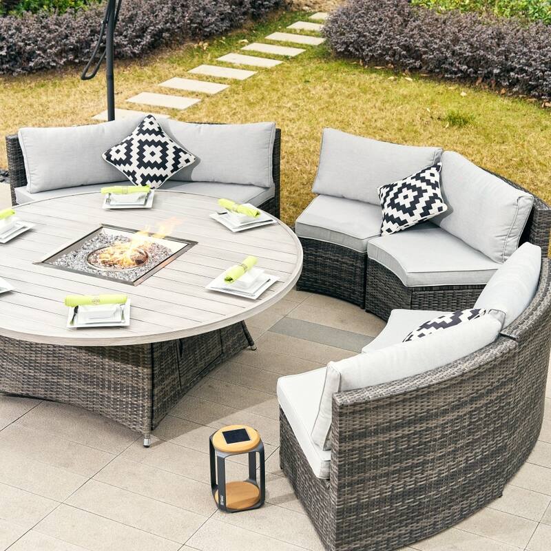 9-piece Outdoor Rattan Conversation Set Sectional Sofa Set with Aluminum Fire Pit Table