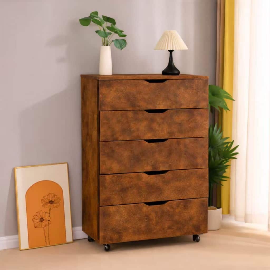 5 Drawer Dresser on Wheels Rustic Brown Rolling Chest of Drawers Storage Cabinet for Bedroom Closet, Wide Drawer Organizer