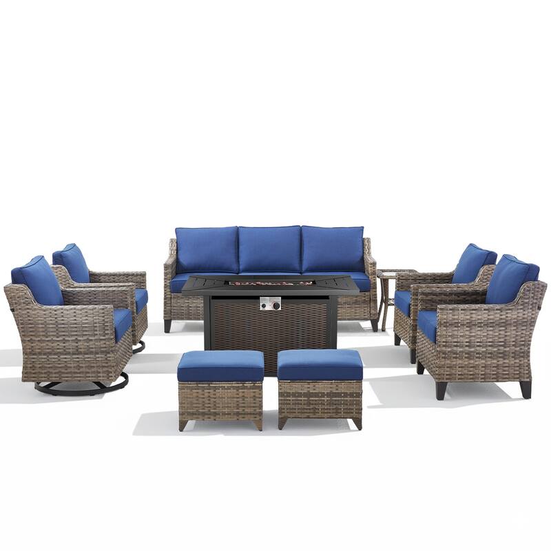 Glissia 9-Piece Gray Wicker Fire Pit Conversation Set with Wicker fire pit