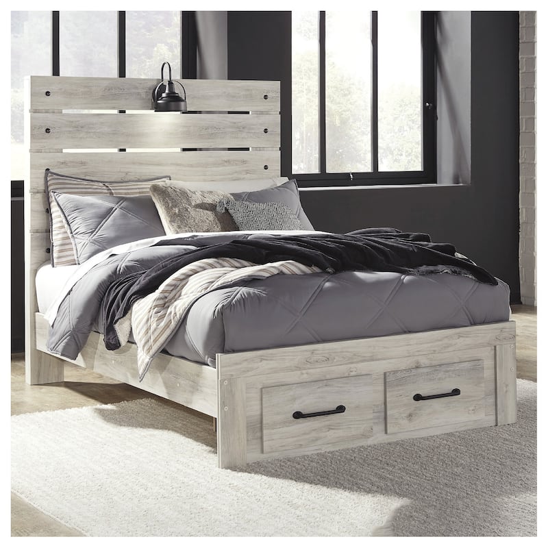 Cambeck Whitewashed Panel Bed w/ 2 Footboard Storage Drawers - Full