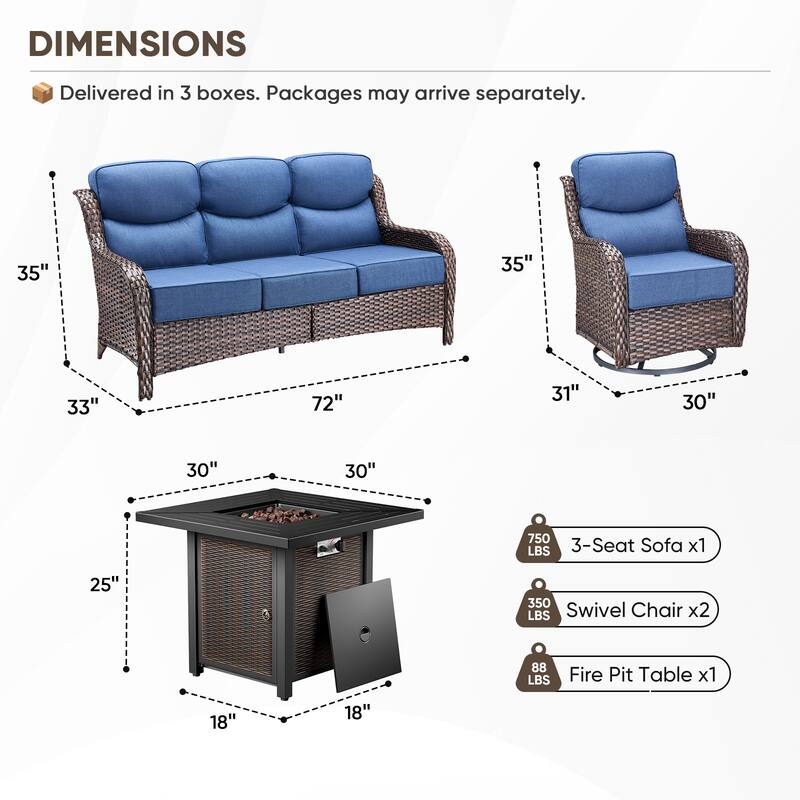 Pocassy 4/5PCS Patio Sofa Swivel Chair with 30" Fire Pit Tab;e