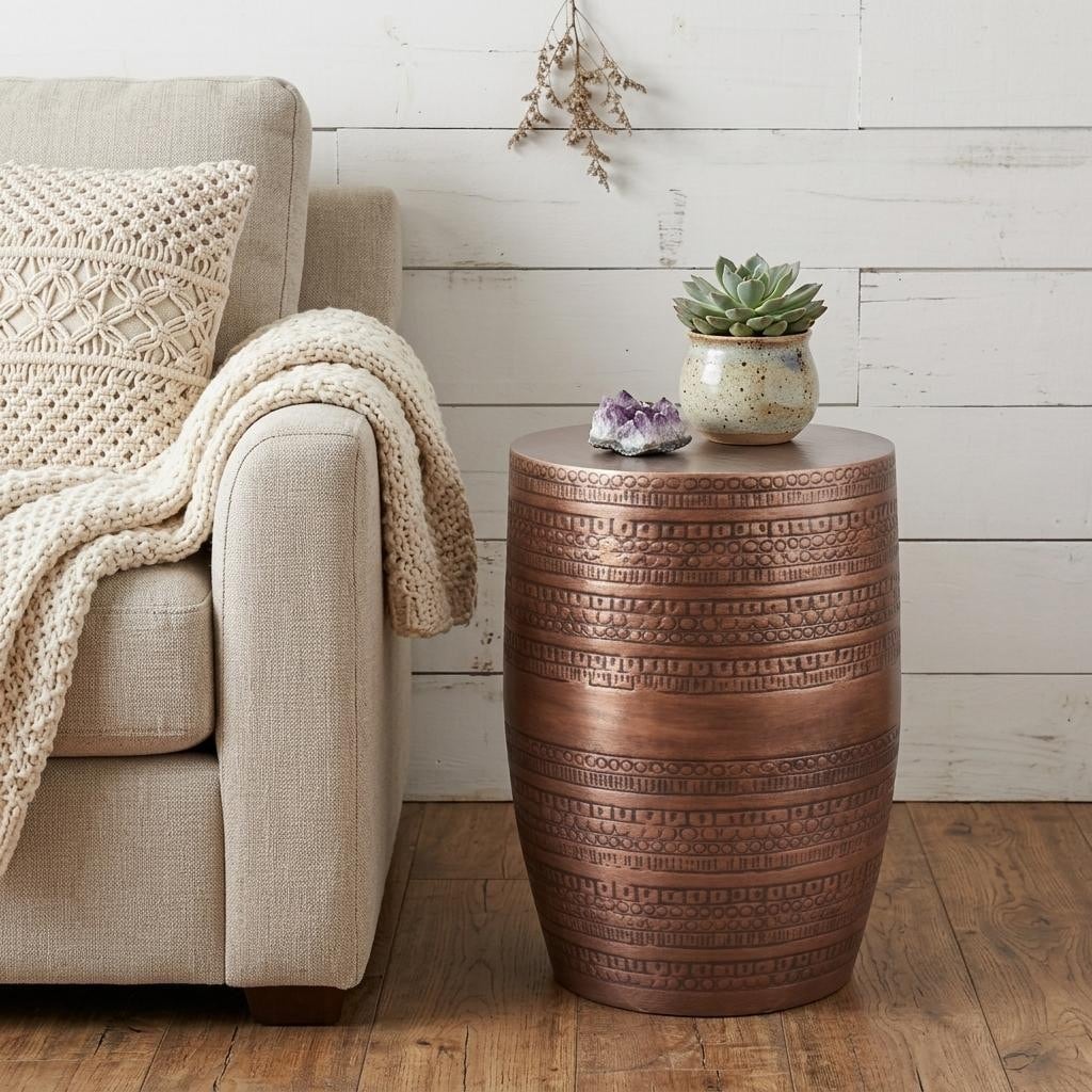 HomeRoots 20" Textured Copper Distressed Iron Round Drum End Table - 15.00 in. x 19.70 in. x 15.00 in.