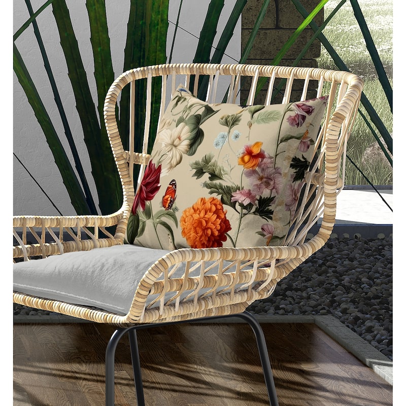 Mixed Flower Delight Indoor/Outdoor Reversible Throw Pillow Ivory and Multi