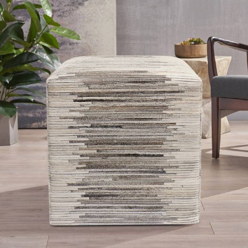 Pasargad Home Galaxy Cowhide Stripe Silver Pouf