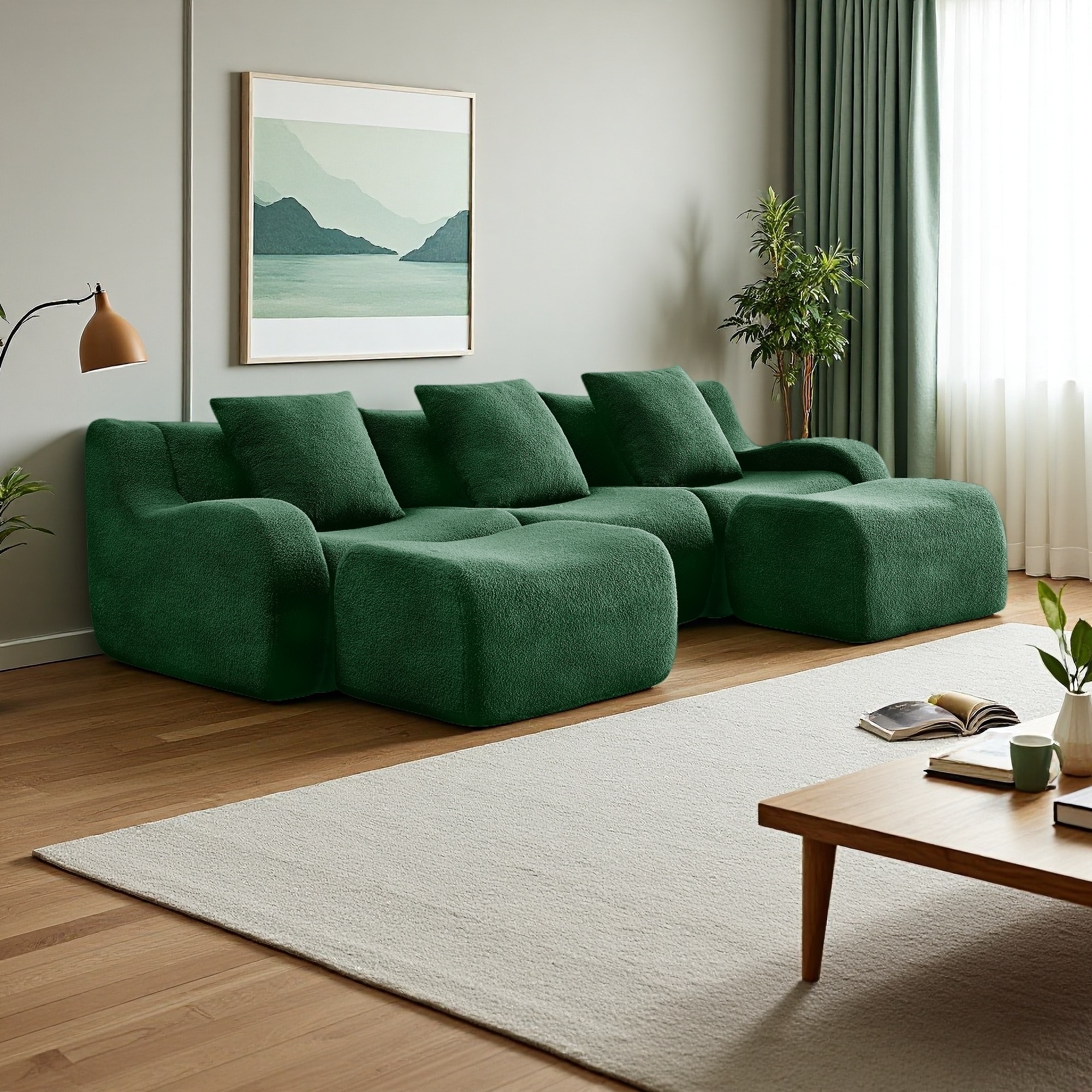 115.3" U-Shaped Teddy Fabric Sectional Sofa with Chaise, Anti-Slip, No Assembly