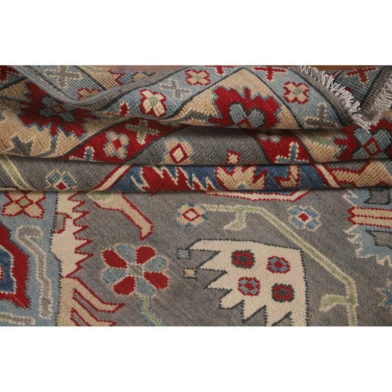 Gray Geometric Kazak Area Rug Handmade Oriental Wool Carpet - 4'11" x 7'0"
