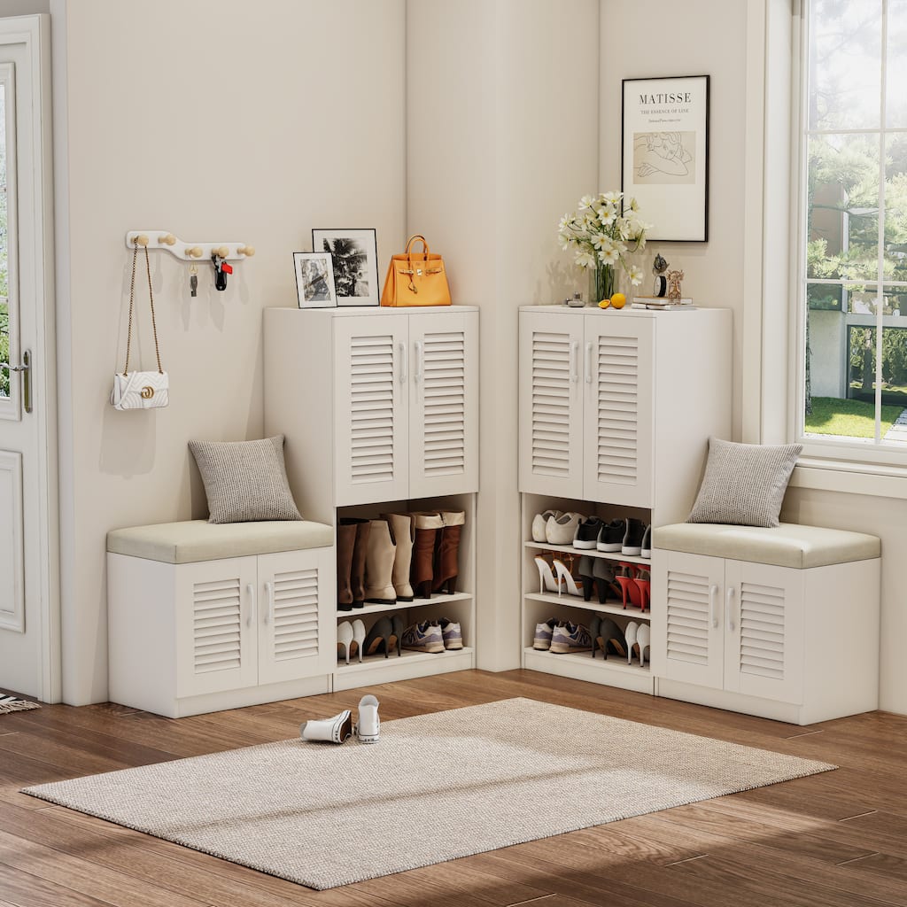 Shoe Storage Cabinet with Shutter Door, Wood Shoe Cabinet with Shoe Storage Bench, Multi Functional Shoe Rack for Entryway