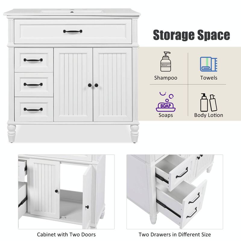 36" Bathroom Vanity with Sink - Bathroom Cabinet with Drawers, Solid Frame and MDF Board