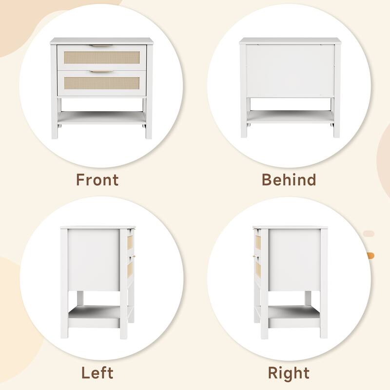 Rattan Nightstand with 2 Drawers and Storage Shelf Boho Bedside Narrow Side Table for Bedroom