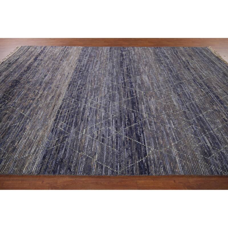 Blue Trellis Moroccan Area Rug Hand-Knotted Wool Carpet - 9'0"x 12'10"