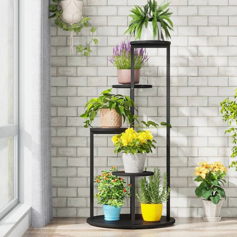 Black Wood Iron 5-Tier Round Indoor Plant Stand with Open Shelving Display - 19.68'' L X 19.68'' W x 40.94” H