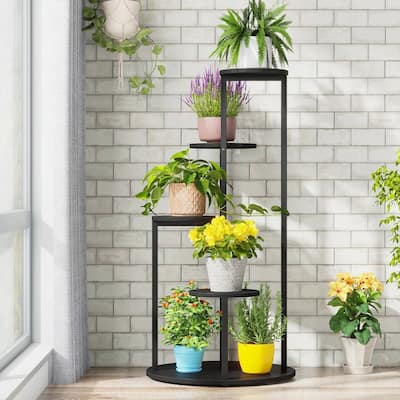 Black Wood Iron 5-Tier Round Indoor Plant Stand with Open Shelving Display - 19.68'' L X 19.68'' W x 40.94” H