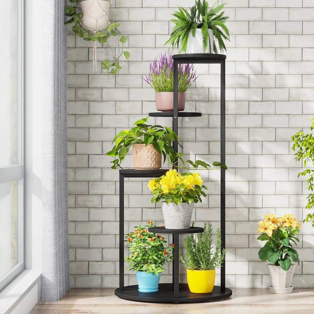 Black Wood Iron 5-Tier Round Indoor Plant Stand with Open Shelving Display - 19.68'' L X 19.68'' W x 40.94” H