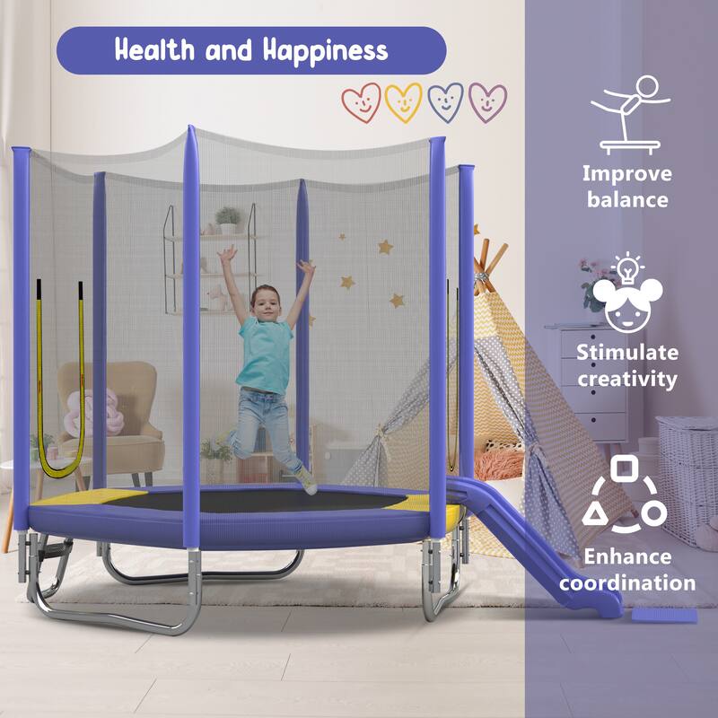 7FT Trampoline with Safety Enclosure Net, Slide and Ladder, Easy Assembly ,Regular Hexagon Outdoor Recreational Trampoline