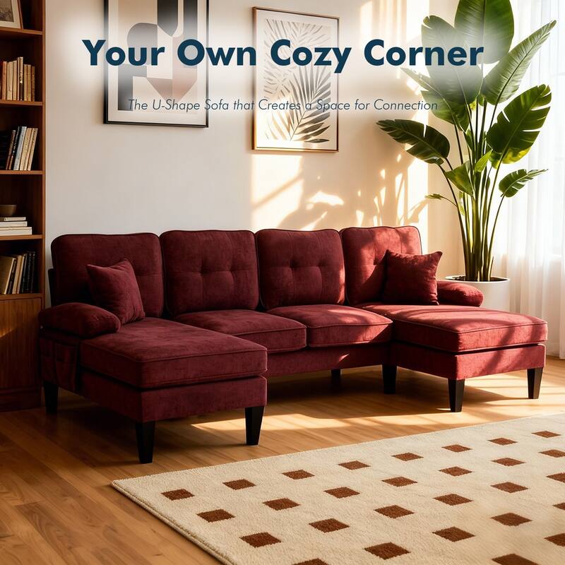 HOMEFUN Linen Upholstered U-Shaped 4-seater Tufted Wood Frame Sectional Sofa with Side Pocket