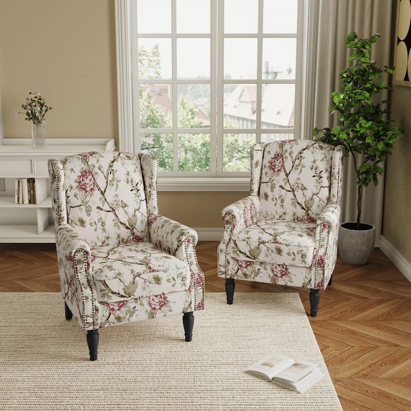 2 Set Transitional Patterned Wingback Accent Chairs with NailHead