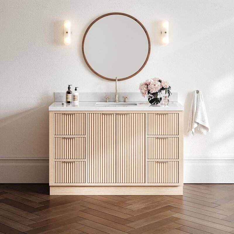 Ariel P54CQRVO Milan 54" Free Standing Single Basin Vanity Set with - Oak / Carrara White Quartz / Brushed Nickel