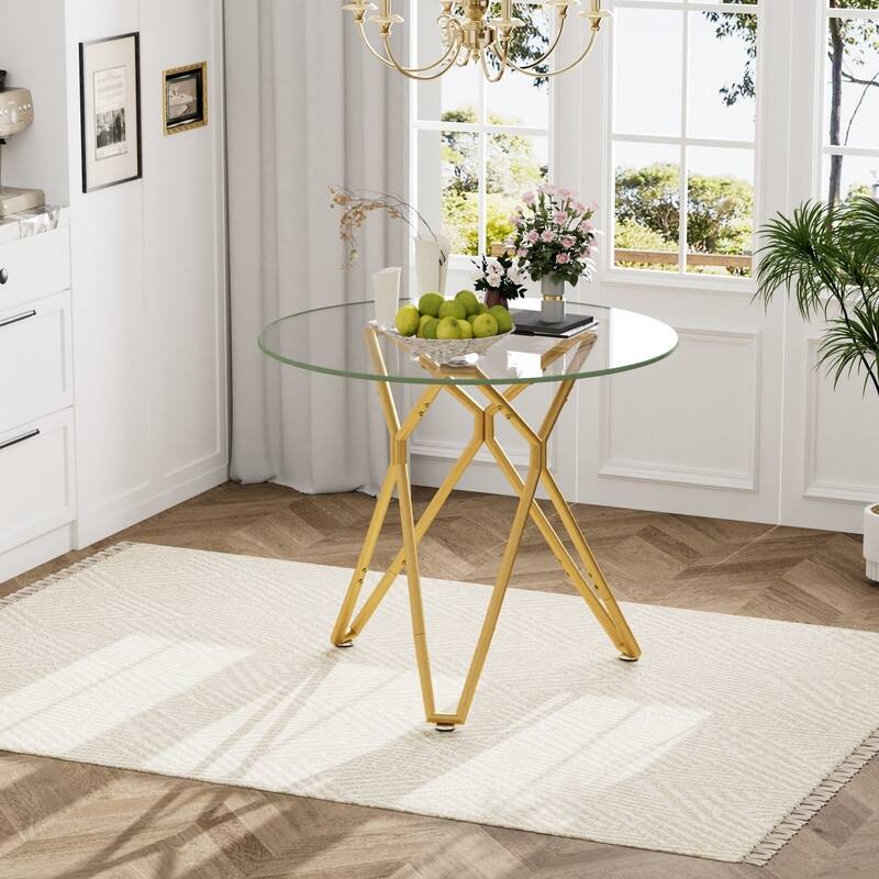 Gold Modern Tempered Glass Dining Table with Metal Legs for Kitchen, Living Room - 35.4"-Round