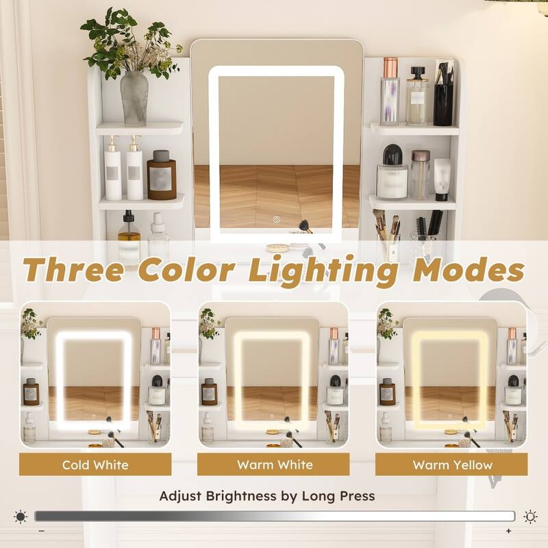 27.56" Modern Wooden Vanity Dressing Table with LED Mirror and 2 Storage Drawers