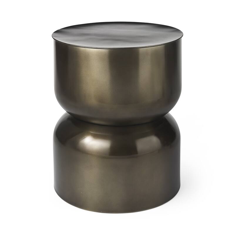 HomeRoots 20" Antiqued Gold Iron Round Cinched Drum End Table - 17.00 in. x 20.00 in. x 17.00 in.