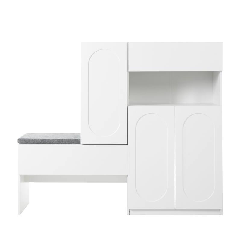 Modern Storage Bench with Arched Doors & Rebound Devices, Versatile Shoe Rack Organizer with Adjustable Shelves