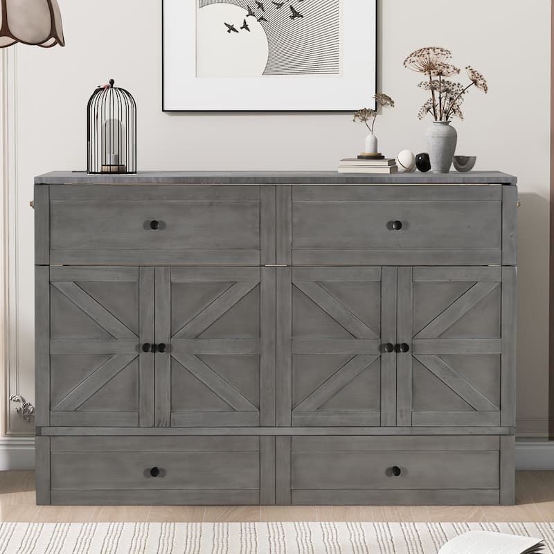 Queen Size Solid Wood Murphy Bed with Storage Drawers, USB Ports, and Space-Saving Design - Gray