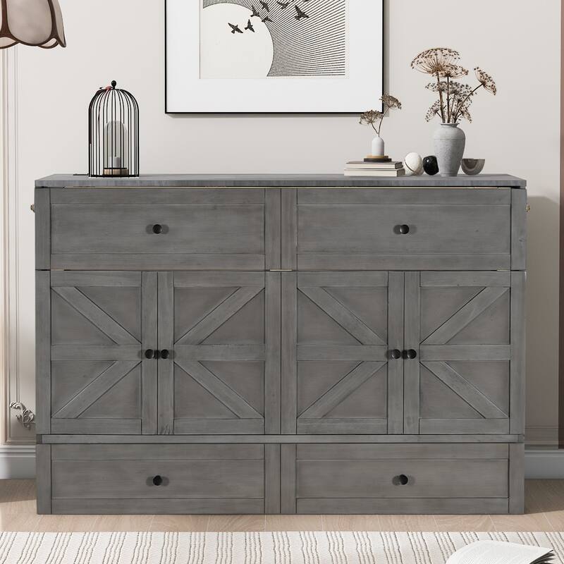 Queen Size Space-Saving Murphy Bed with Storage Drawers and USB Ports, Brushed Gray - Gray