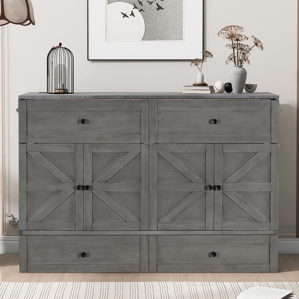 Queen Size Space-Saving Murphy Bed with Storage Drawers and USB Ports, Brushed Gray