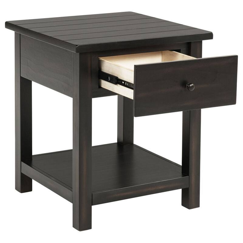 Ayne Side End Table, 1 Shelf, 1 Drawer, Black Wood, Square 20 Inch
