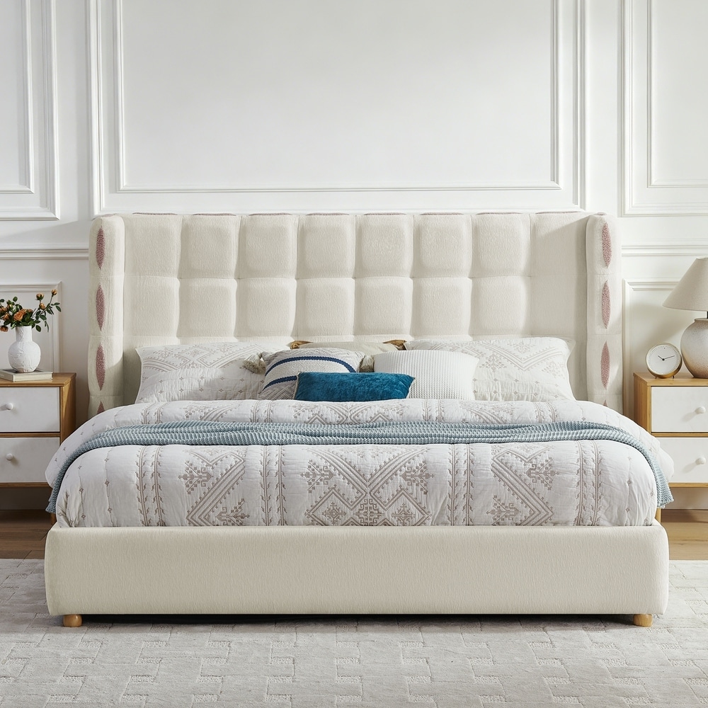 Chenille Upholstered Wingback Waffle Platform Bed with Large Under Bed Storage
